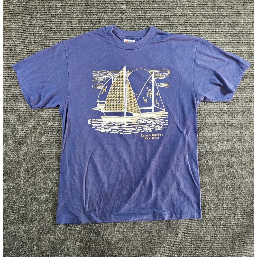 Vintage Hanes Heavyweight 50/50 T-Shirt Men Large Blue Sailing Beach USA Graphic